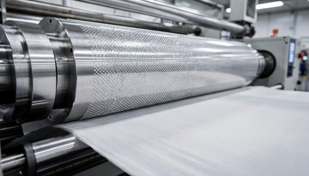 Medium shot of gravure roll coating with engraved microdots precisely applying patterned coating onto smooth moving fabric in a hightech industrial setting.