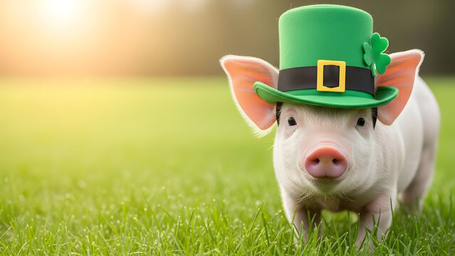 St patrick's day pig in green hat on grass field with sunshine