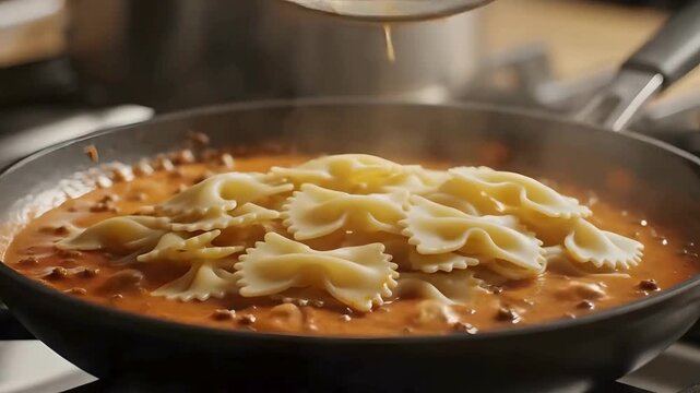 Pouring cooked farfalle pasta into hot bolognese meat sauce in frying pan
