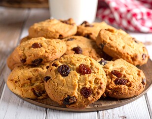 Delicious Raisin Cookies on a Plate with Milk.