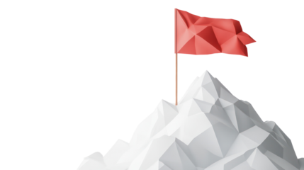 Red flag on mountain peak on transparent background