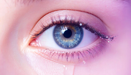 Close-up of a beautiful blue eye with a single tear rolling down, depicting deep sadness, emotion, and human vulnerability. Concept of grief, sorrow, pain, and empathy.