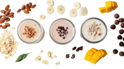 Healthy smoothies with fresh fruits and nuts on transparent background