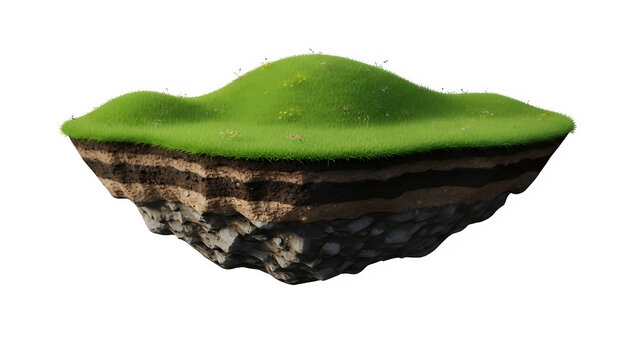 Floating piece of land covered with green grass, isolated on white or transparent background, symbolizing nature, environment, sustainability, and surreal landscape concepts. PNG format.