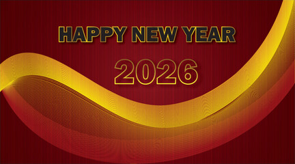 Happy New Year 2026, abstract golden line art background.