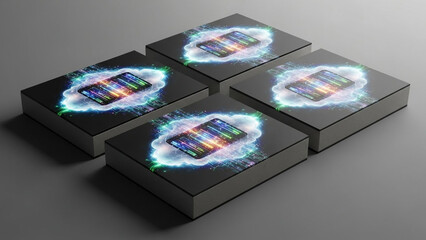 Four black boxes with glowing digital circuit boards on top