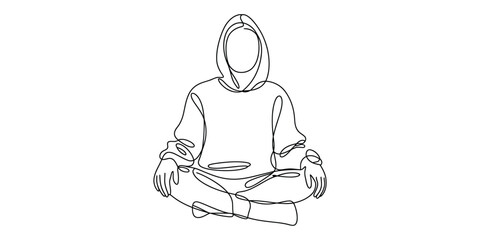 A continuous line art drawing of a person in a hoodie sitting in a peaceful cross-legged pose