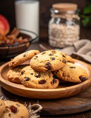Delicious Raisin Cookies on Wooden Plate with Milk and Oats.