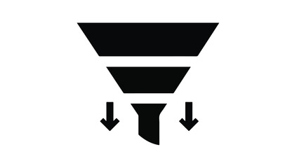 Black funnel icon with arrows pointing downwards on white background, symbolizing marketing conversion process and sales strategy