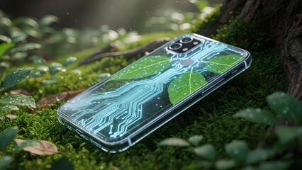 Futuristic Transparent Smartphone with Green Circuit Technology in Nature, Sustainable Eco Technology Concept