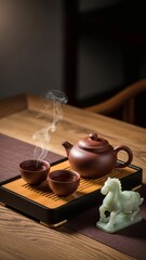 Traditional Chinese Tea Ceremony Set with Teapot and Cups, Zen Tea Culture Still Life with Steam on Wooden Table
