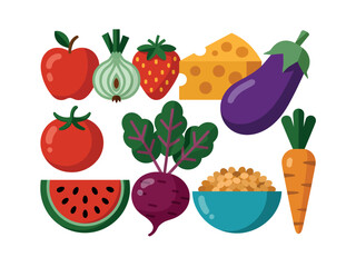 Colorful illustration of fresh fruits and vegetables with cheese