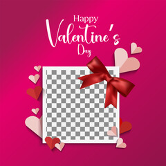 Happy Valentine&rsquo;s Day Greeting Card with Romantic Photo Frame, Red Ribbon Bow, Heart Decorations and Transparent Placeholder Background for Love Celebration Design