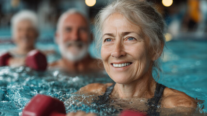 Mature woman enjoys an energetic swimming session with dumbbells in water