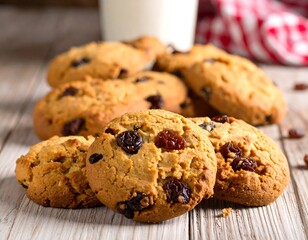 Delicious Raisin Cookies on Wooden Surface with Milk in Background.