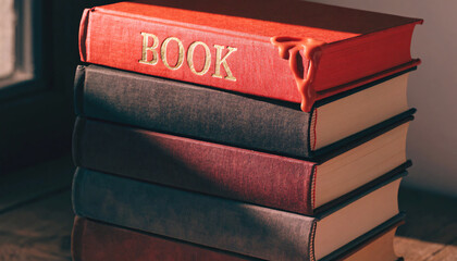 Stack of books with top book subtly melting, creating surreal and intriguing scene