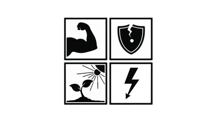 Four black and white icons symbols set of strength protection growth energy on white background
