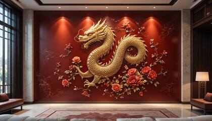 Luxurious interior design with golden dragon and red peony wall mural, traditional chinese style opulent living room