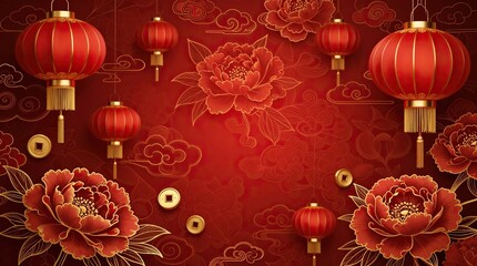 Lunar New Year celebration background with traditional red lanterns and peony flowers featuring copy space for festive marketing.