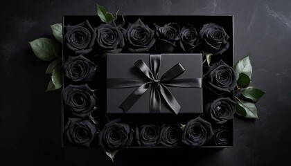 Luxury black gift box with satin ribbon surrounded by black roses in a premium floral arrangement for elegant branding.