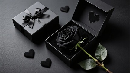 Luxury gothic romance concept featuring a black rose in an open gift box with hearts on a dark textured background.