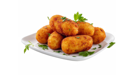 A delicious stack of golden-brown deep-fried croquettes on a white plate with fresh parsley garnish