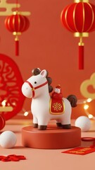 Cute Horse Figurine with Red Lanterns on Red Background, Chinese New Year Year of the Horse Festive Decoration