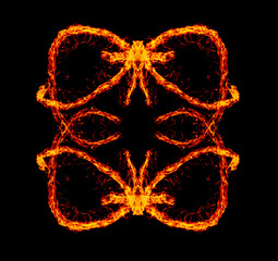 a long-exposure photograph of a fire performance, where a skilled performer spins flaming props like poi to create mesmerizing light trails and intricate patterns against the dark background