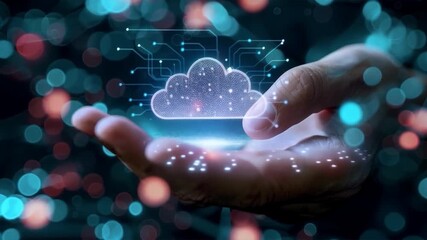 The hand holds a cloud of digital circuits, symbolising innovation and cloud technology for the modern technological backdrop.
 - Powered by Adobe
