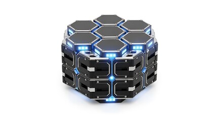 Futuristic hexagonal data storage device with glowing blue lights and metallic accents on white background
