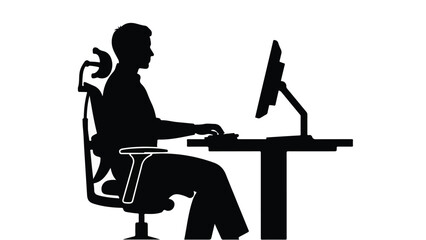 Silhouette of businessman working on computer at office desk in professional setting with modern technology