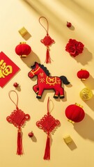 Chinese New Year Hanging Decorations with Horse Zodiac, Red Lanterns and Chinese Knots on Yellow Background