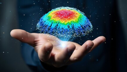A person holds a vibrant, colorful, and futuristic network globe in their hand, symbolizing innovation and technology.