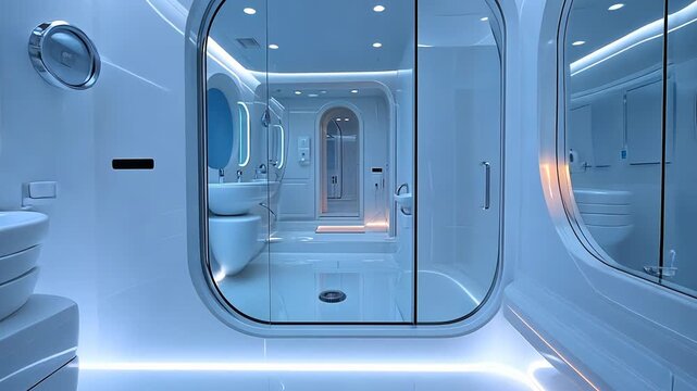 Static shot of a futuristic white and blue bathroom interior with soft lighting.