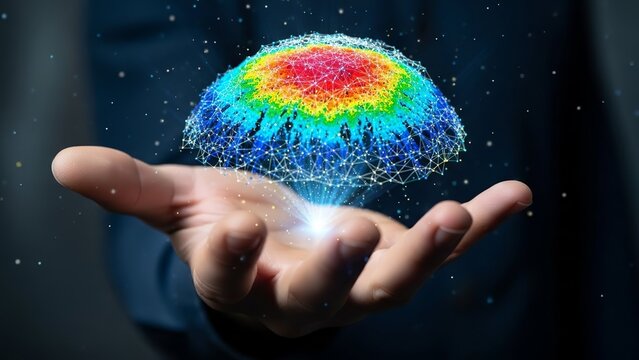 A person holds a vibrant, colorful, and futuristic network globe in their hand, symbolizing innovation and technology. - Powered by Adobe