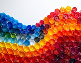 Colorful Caps: A vibrant display of assorted plastic caps arranged in a wave-like pattern, showcasing a spectrum of hues and symbolizing the beauty of recycling.