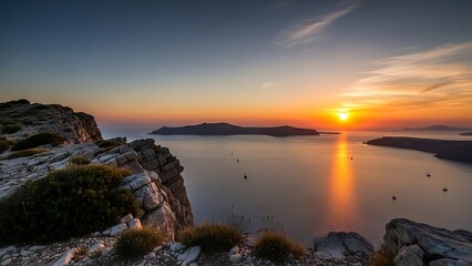 Fototapeta premium Dramatic Coastal Sunset with Rocky Cliff and Golden Reflection on Calm Ocean Water