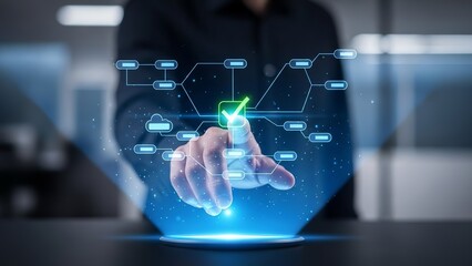 A person in a modern office interacts with a futuristic digital interface on a table