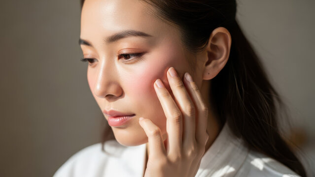 asian woman with hand on cheek and red skin transparent background