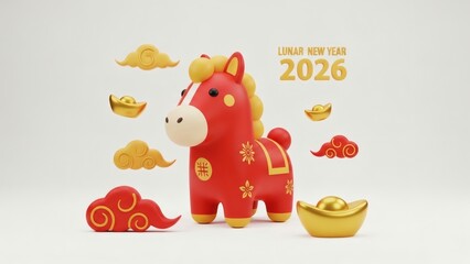 Obraz premium Cute Red Horse Figurine with Gold Ingots and Clouds, Chinese New Year 2026 Year of the Horse Festive Illustration Concept