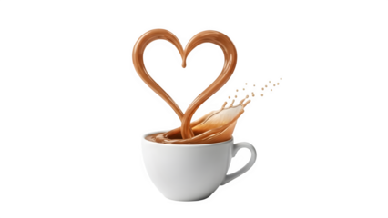 Rich creamy brown beverage splashes dramatically from a white cup forming a perfect love heart shape high above the rim