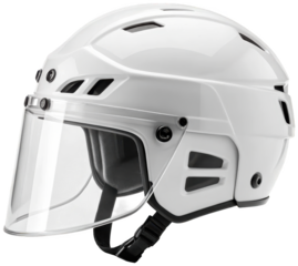 Sleek, modern white hockey helmet constructed from durable high-impact plastic with strategically placed ventilation holes and a clear polycarbonate visor,, isolated on transparent background.