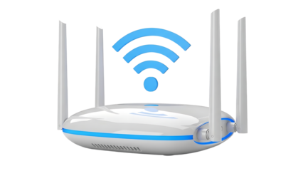 White wifi router with blue accents and symbol on transparent background isolated on a transparent background