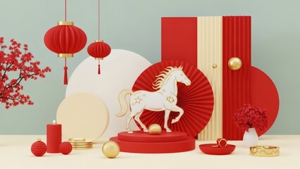 White Horse Figurine with Red Lanterns and Modern Decorations, Chinese New Year Year of the Horse Lunar New Year Celebration