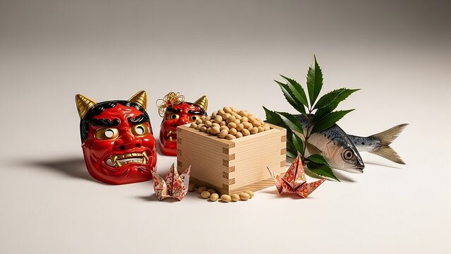 Japanese Setsubun Festival Still Life with Oni Mask, Roasted Soybeans, Ehomaki and Sardine Decoration