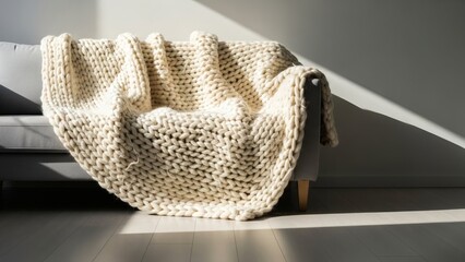 Handwoven Crochet Bag Draped on Modern Sofa, Minimal Home Lifestyle and Sustainable Fashion Concept
