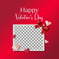 Happy Valentine&rsquo;s Day Greeting Card with Romantic Photo Frame, Red Ribbon Bow, Heart Decorations and Transparent Placeholder Background for Love Celebration Design