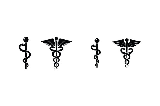 Silhouette of medical symbols caduceus and rod of asclepius in black silhouette