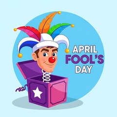 April fools day colorful cartoon illustration with jester in box