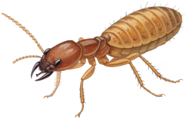 Highly detailed, realistically rendered brown soldier termite with a robust exoskeleton and prominent mandibles, is depicted in a walking pose with legs, isolated on transparent background.